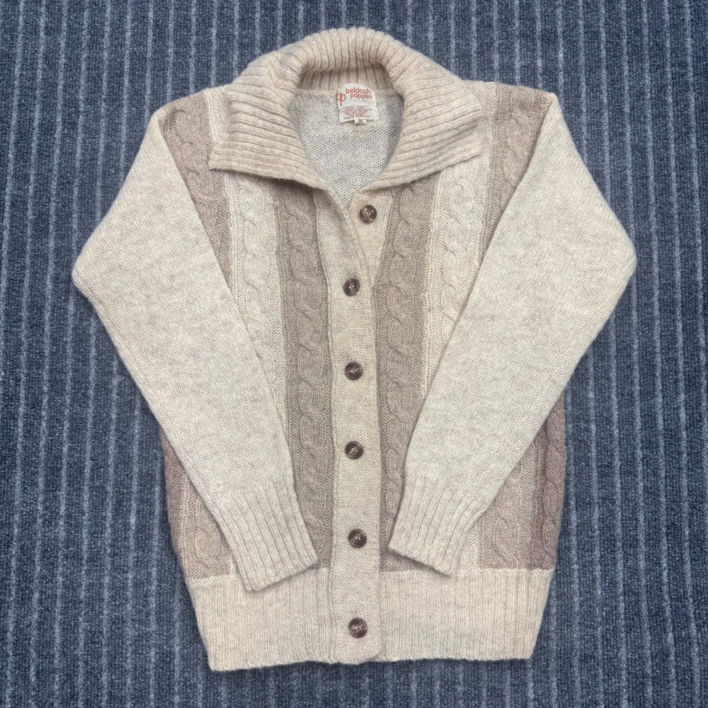 Beldoch Popper Cardigan Sweater S Beige Vintage 100% Wool Cable Knit (2225)